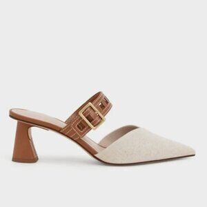 LINEN/LEATHER BUCKLE MULES | CHARLES &  KEITH